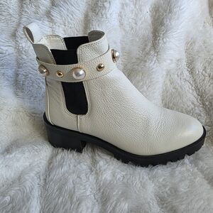 Karl Lagerfeld White Ankle Boots with Pearl and Gold Accents